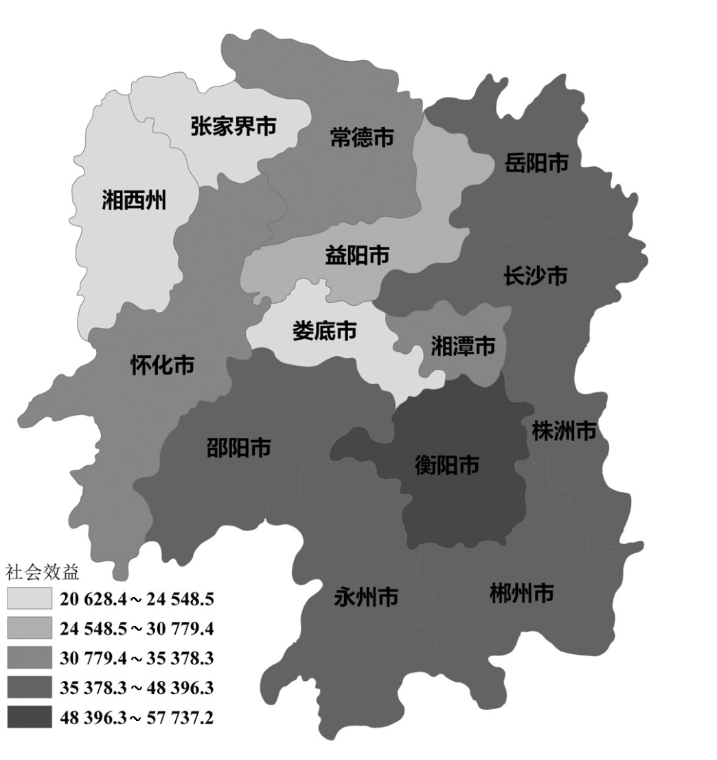 湖南省各行政区社会效益分布图(单位:万元)